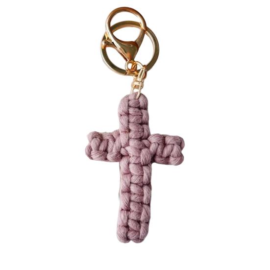 Handmade Christian Cross-shaped Keychain with Golden Ring Compact Comfortable Prayer Pendant Religious Accessory