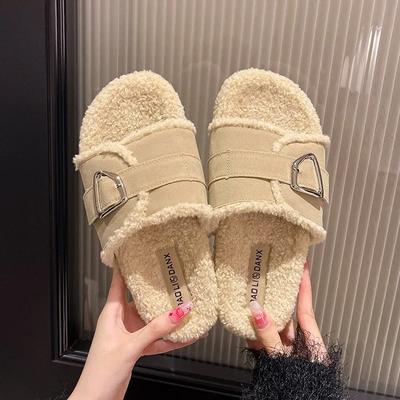 Модные женские хлопковые тапочки осень/зима толстая подошва плюшевые тапочки новые модные удобные пряжки на ремне нескользящие теплые тапочки