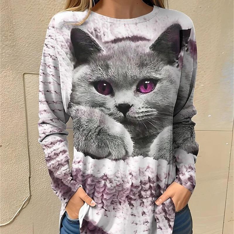 Women's 3d Colorful Cartoon Kawaii Cat Print Autumn Long Sleeve Tops Women's T-Shirt O-Neck Oversized Ladies Clothing