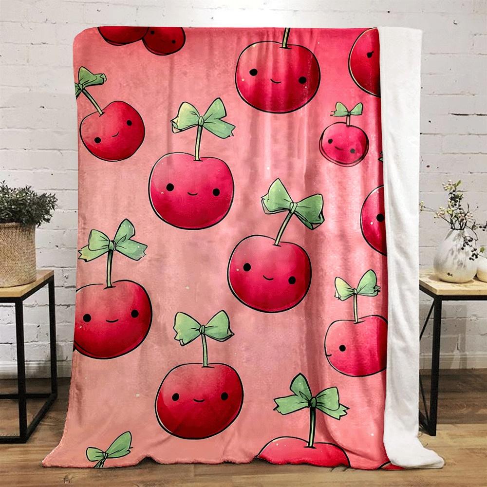 Cute cherries with happy faces and green bows on a pink background. for all seasons blanket lunch break throw gift