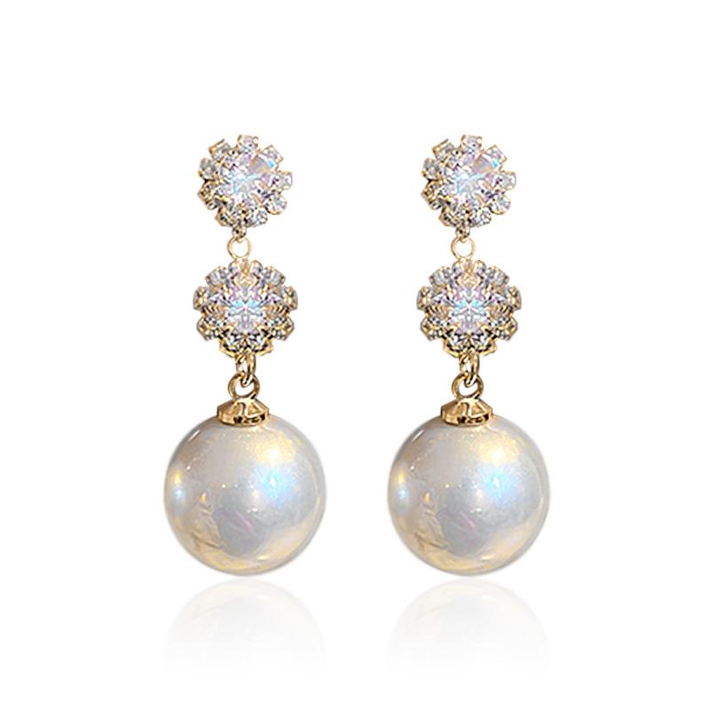 Huitan Elegant Lady Simulated Pearl Drop Earrings Female Wedding Ceremony Jewelry with Brilliant Zirconia Graceful Accessories