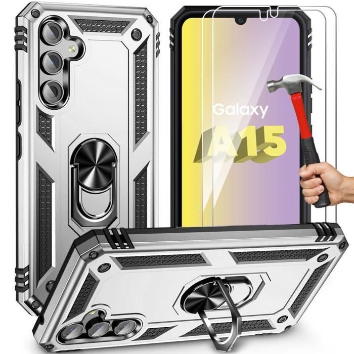 Coque de protection - BOOLING - pour Samsung Galaxy A15/A15 5G - Argenté - Support rotatif 360° - 2 verres trempés