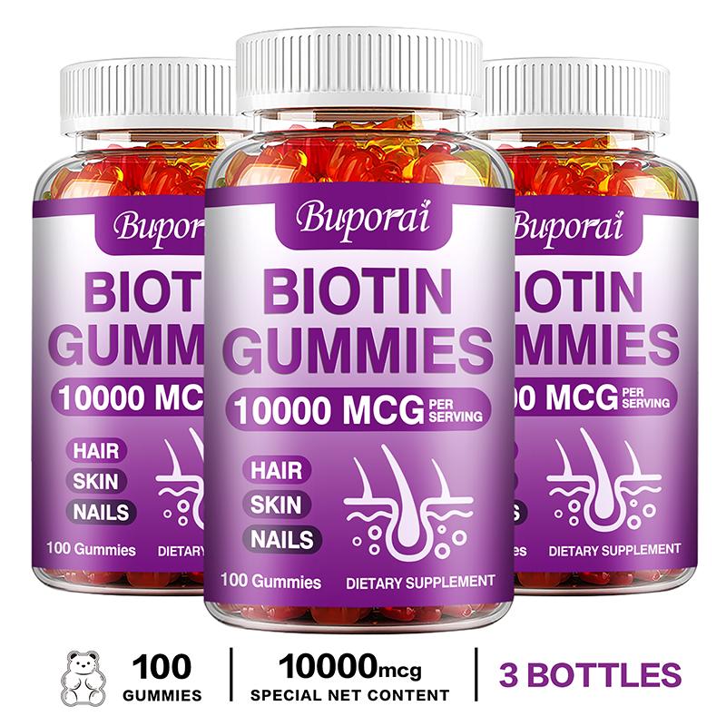 Buporai Biotin Gummies 10000 mcg - Hair Skin & Nails Support, Strawberry Flavor, 100 Count, Vegan Formula