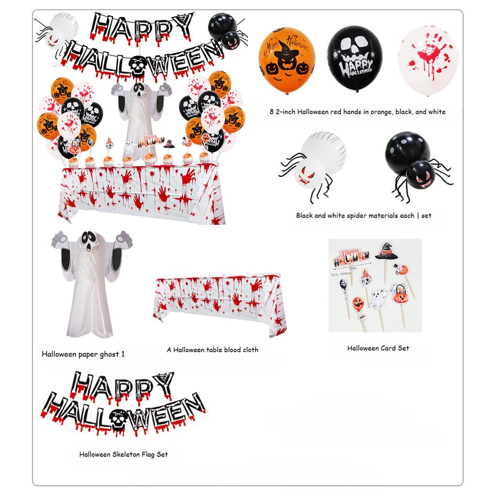 Terrifying Halloween party supplies banners, balloons, spiders and skeleton ghosts, Halloween tablecloths, and Halloween party decoration cake sets