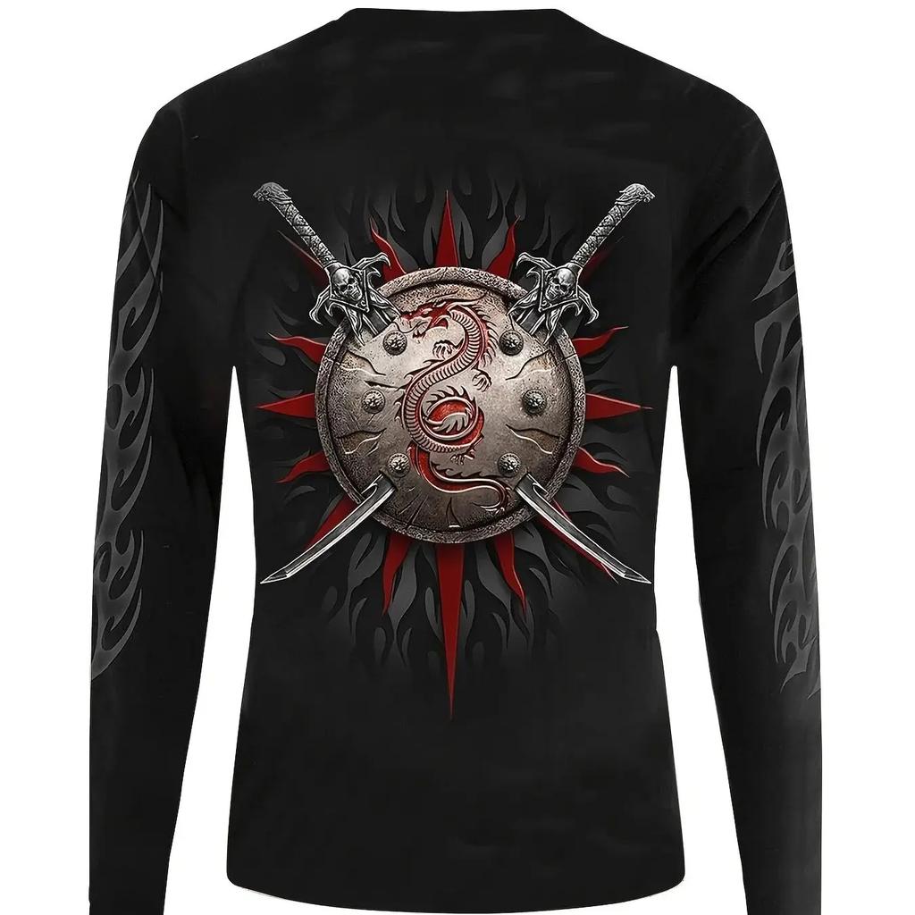 Мужская футболка с круглым вырезом и длинными рукавами Red Dragon & Sword, весна-осень