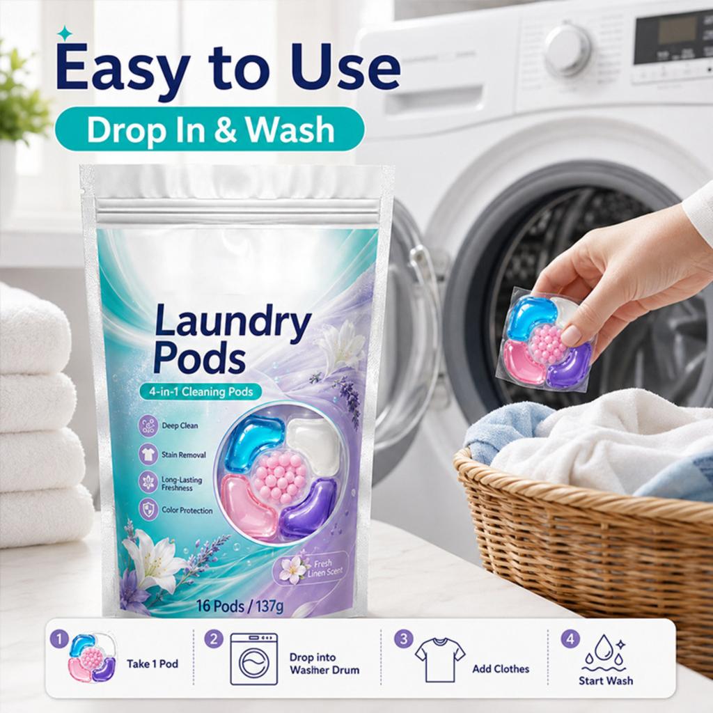 Laundry Pods 4 in 1 Cleaning Formula Deep Clean Stain Removal Long Lasting Freshness Color Protection 16 Pods 137g Bag