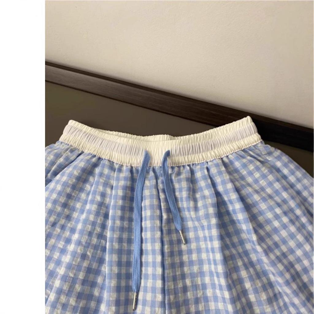 2025 Summer Women's Blue & White Check Fake Two-Piece Wide-Leg Casual Pants
