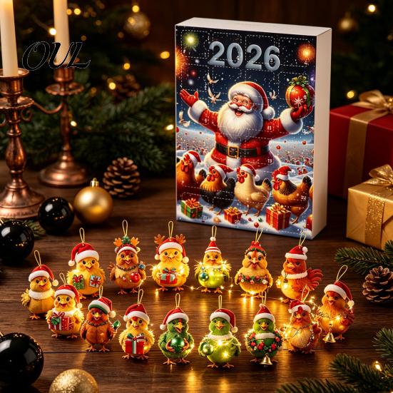 Рождественская елка Декор Курица Адвент-календарь 2026, 24 дня Обратный отсчет с 2D Плоским Сюрпризом Акриловым Украшением, Мультяшный Подвес для Елки, Праздничный