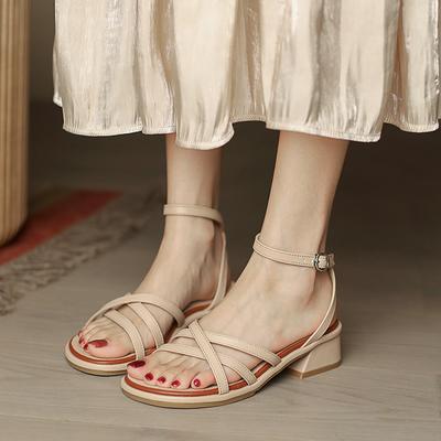 2024 2024 Женские босоножки на шнуровке до щиколотки Летние босоножки в римском стиле с перекрещенными ремешками на высоком каблуке Туфли с узкими ремешками Сандалии с квадратным носком на массивном каблуке