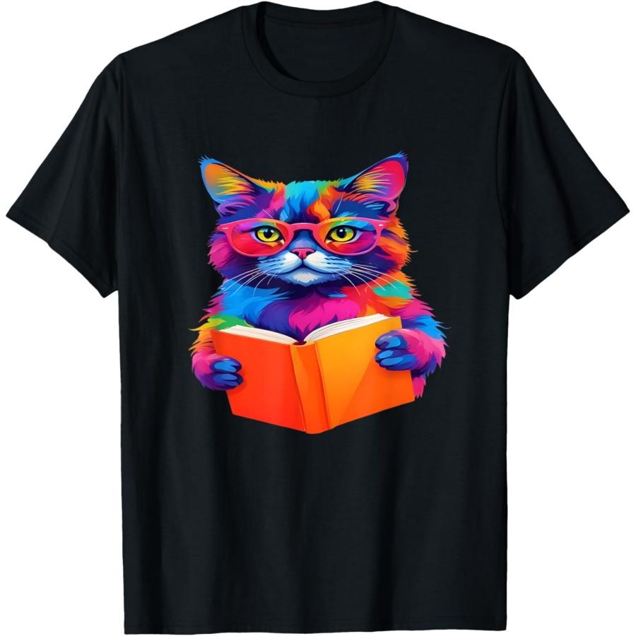 Cat Book Shirt - Colorful Cat Reading Book T-Shirt