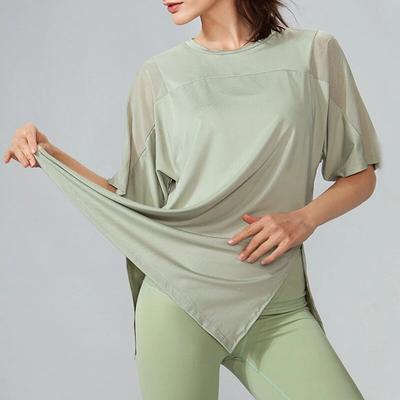 Быстросохнущая блузка для фитнеса с круглым вырезом и короткими рукавами для бега, женская летняя спортивная футболка с боковыми трещинами, сетчатые свободные топы для йоги 30662