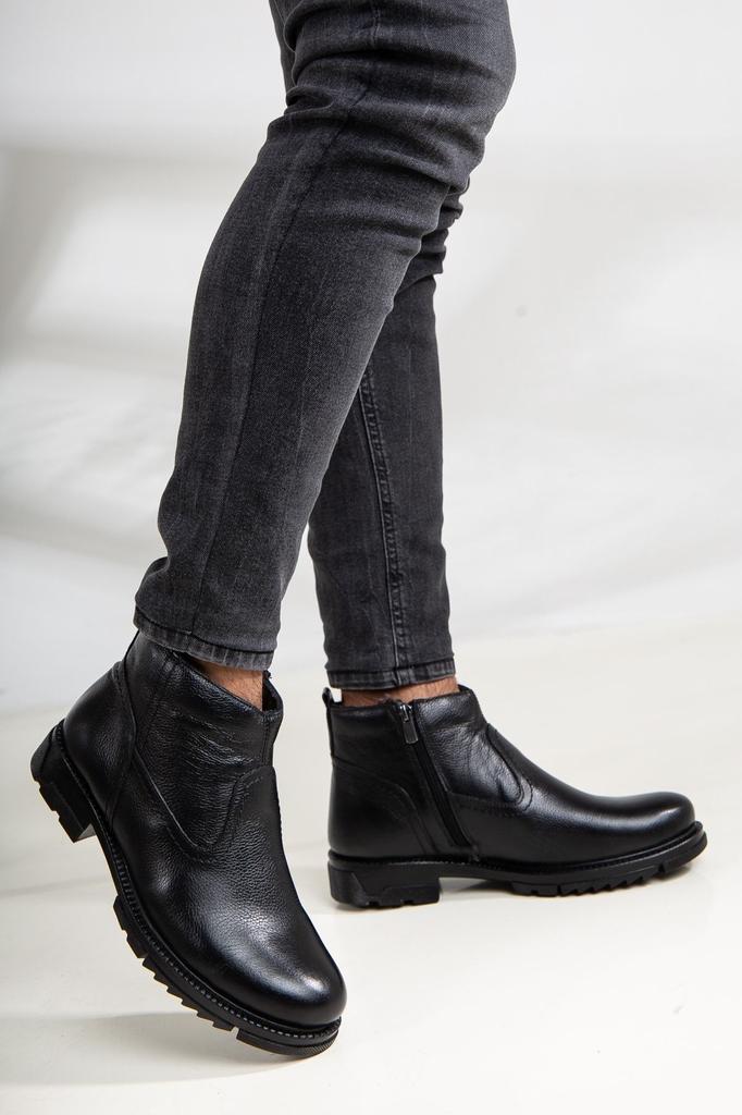 Men's Fashion Genuine Leather Thick Heeled Booties Furry Cold Proof Casual Boots Shoes