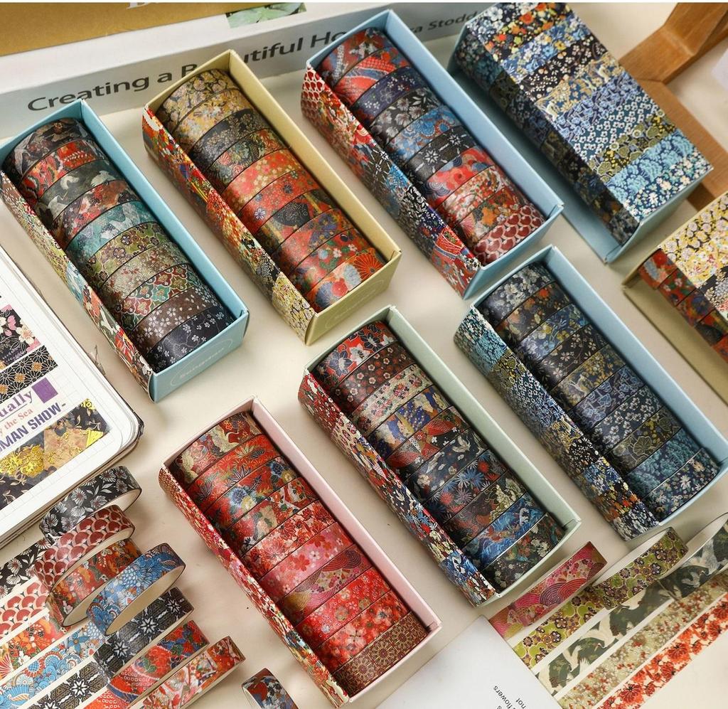 10 Rolls Kyoto Ukiyo-e Washi Tape Set Japanese Traditional Art Retro Wave Floral Pattern Masking Tape for Diary Album