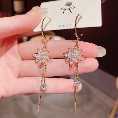 Серьги-цветы с цирконами Женские S925 Серебряная игла Элегантные длинные серьги с бахромой Супер-сказочные серьги