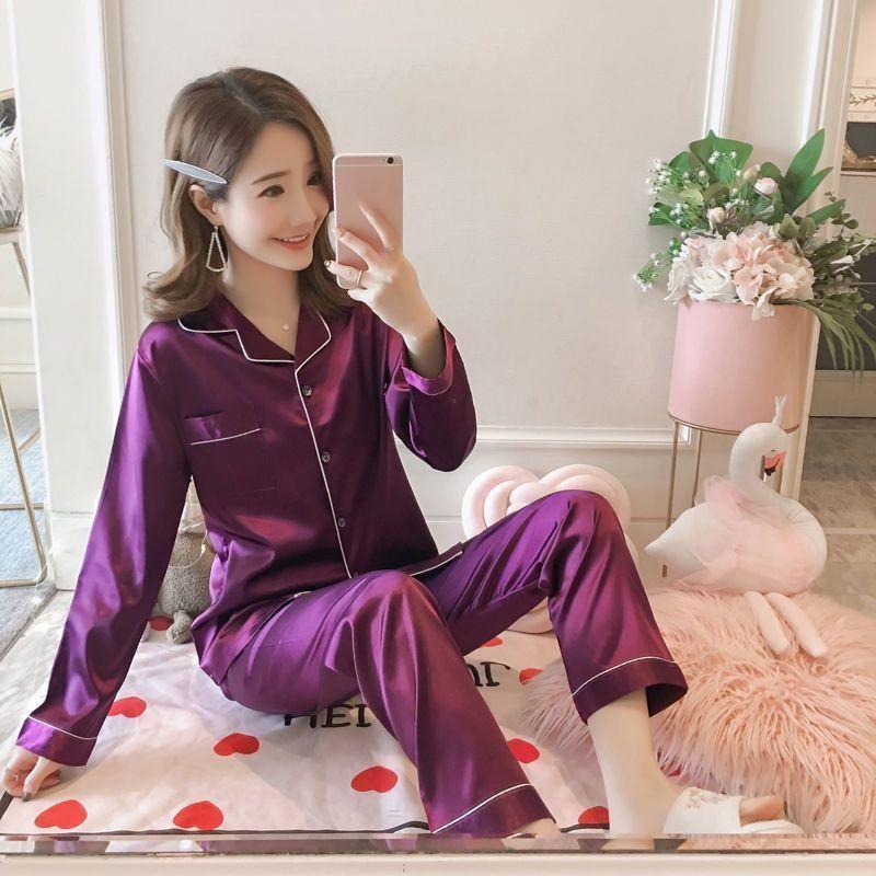 Пижама женская летняя кардиган с длинными рукавами Ice Silk Spring Sweet Ins Искусственный шелк Тонкий Home Service