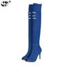 Женская обувь Женские сапоги выше колена с открытым носком, рваные джинсы с высоким каблуком, обтягивающие эластичные джинсы для фитнеса, сексуальные туфли-лодочки на молнии 755