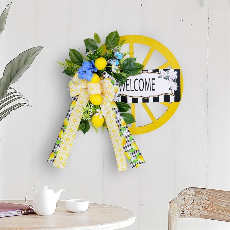 Artificial Spring Wreath with Welcome Wheel, Bowknot Flower Wreath for Front Door, Wedding, Garden Outdoor Decorations