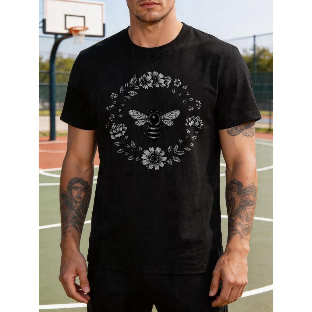 Black White Floral Wreath Bee Vintage Cottagecore Print T-Shirt Breathable Short Sleeve Round Neck Tee