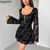 DAFIFY Women's Fashion Spring Fall Flower Pattern Print Long Sleeve V-Neck High Waist Casual Dresses