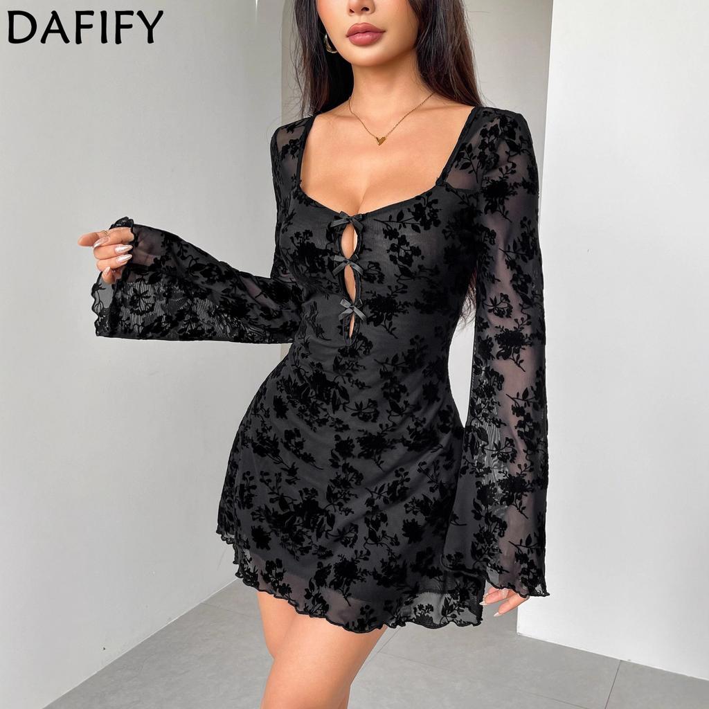DAFIFY Women's Fashion Spring Fall Flower Pattern Print Long Sleeve V-Neck High Waist Casual Dresses