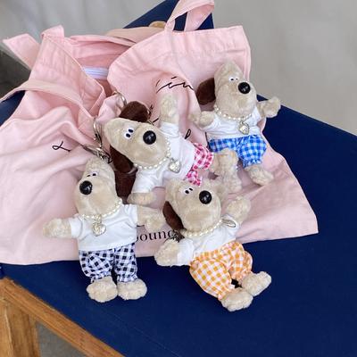 Подвеска-брелок для сумки в виде куклы-собачки-пилота Xiaohongshu, Клетчатые панталоны, Белое колье с надписью I Love, Брелок в виде щенка.