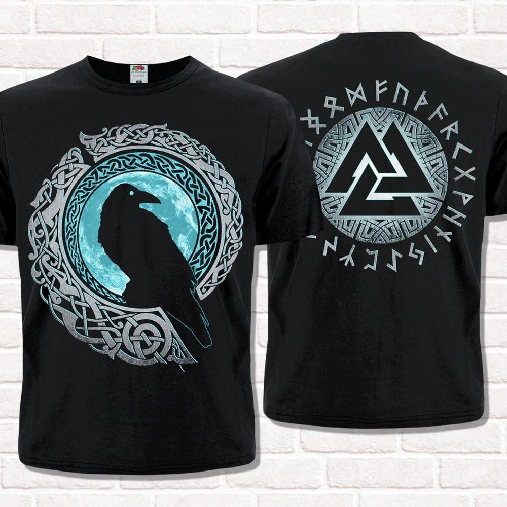 Odin's Raven T-Shirt, Valknut and Runic Circle. Viking style. Nordic tradition.