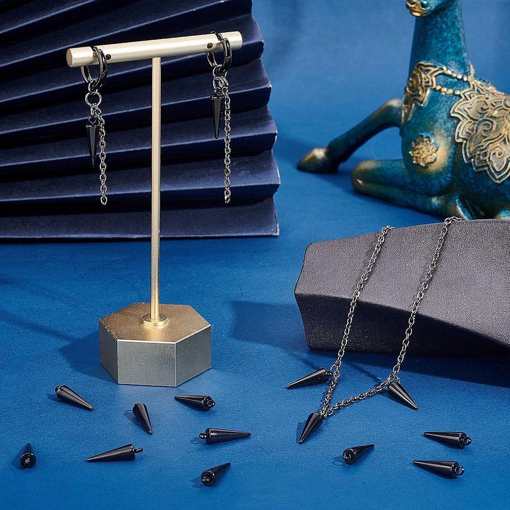 24Pcs 201 Stainless Steel Pendants Spike/Cone Electrophoresis Black 17.5x5mm Hole: 1.4mm