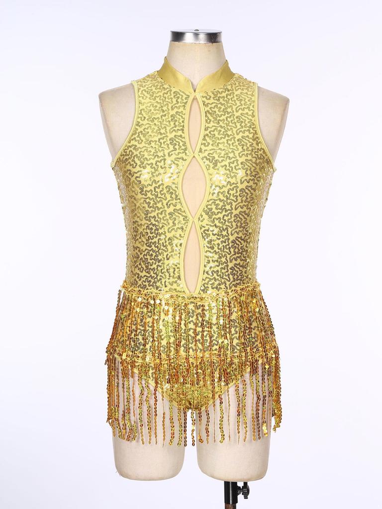 Women's Shiny Sequins Tassel Latin Jazz Dance Leotard Backless Fringed Bodysuit Lyrical Dance Costume