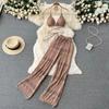 Women Summer Knitted Set Halter Short Tops+ Hollow Wide Leg Long Pants Sets Shell Beach Sexy Backless Two Piece Suits