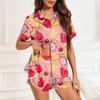 Women's Silk Pajamas Button Home Clothes Star Print Short Sleeve Satin Pajama Set 2 Piece Set