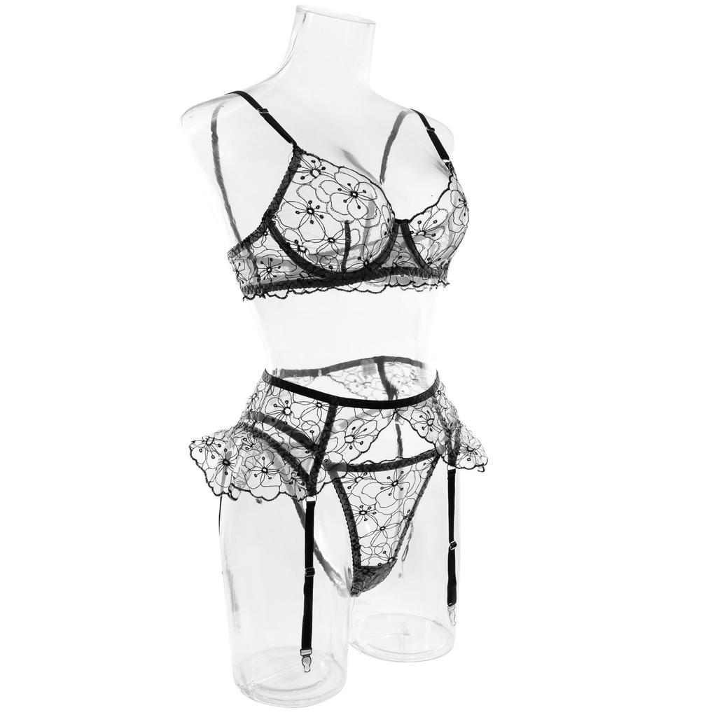 2023 European and American Embroidered Ruffle Lingerie Set with Steel Ring