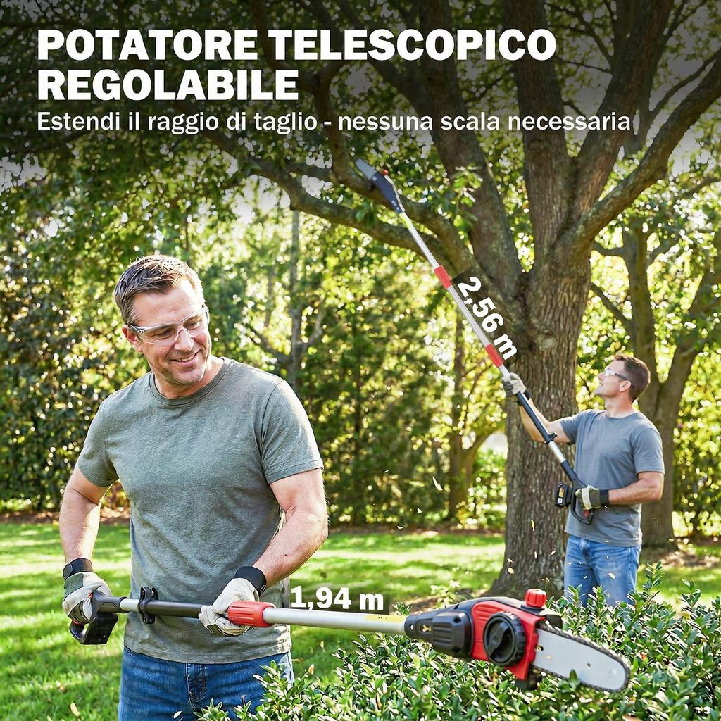 Battery-Powered Telescopic Chainsaw. 1.94m-2.56m with Automatic Lubrication