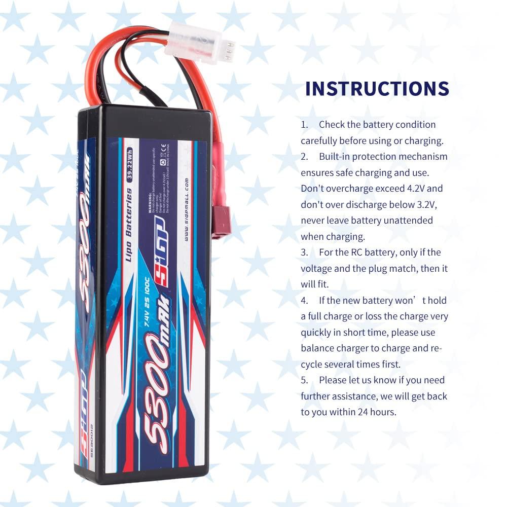 SIGP 2S 7.4V 5300mAh LiPo 100C T-Plug Hard Pack for RC Drones, Helicopters, Trucks, Truggys, FPV Racing, Two Packs