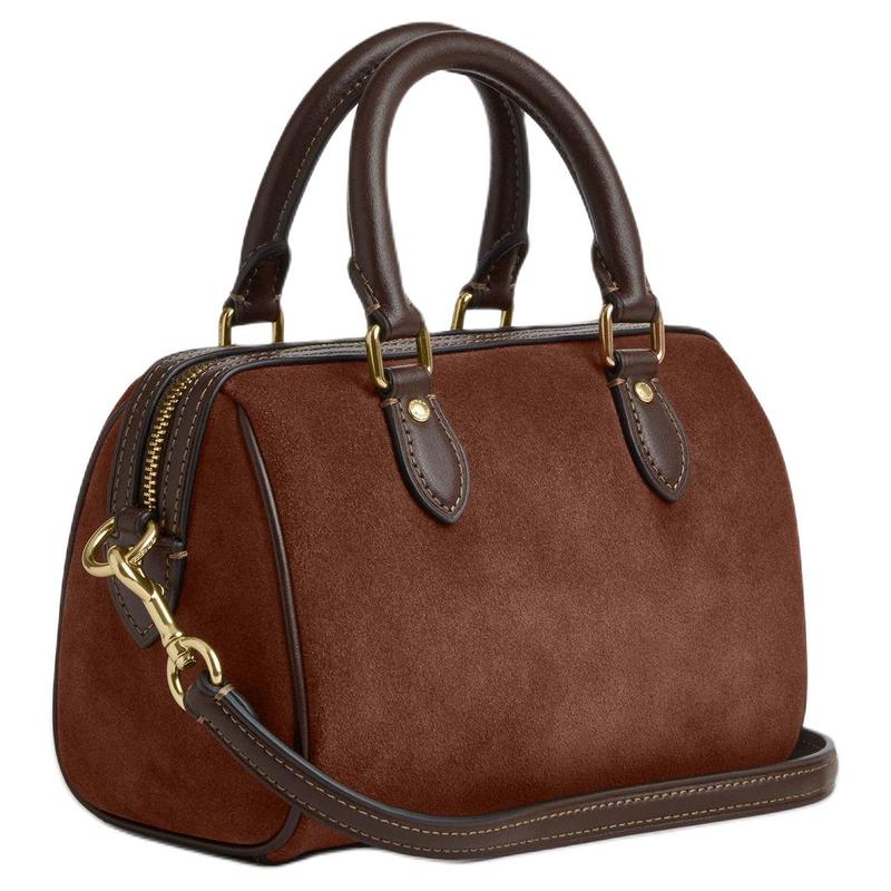 Coach Rowan 17 Золотой Логотип Текстура Замши Кожа Коровы Boston Duffel Сумка-сумка Маленькая Женская Винтажная Коричневая