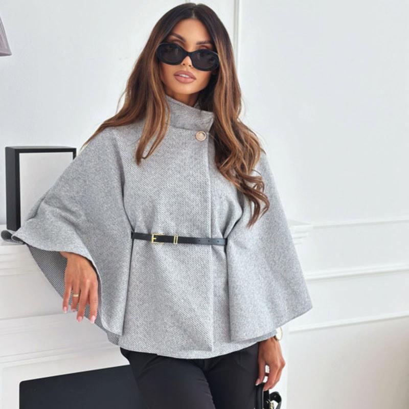 Женский плащ-накидка из шерстяного твида, пончо, толстое осенне-зимнее женское пальто с одной пряжкой и рукавами «летучая мышь», элегантная теплая свободная верхняя одежда 2024 г.