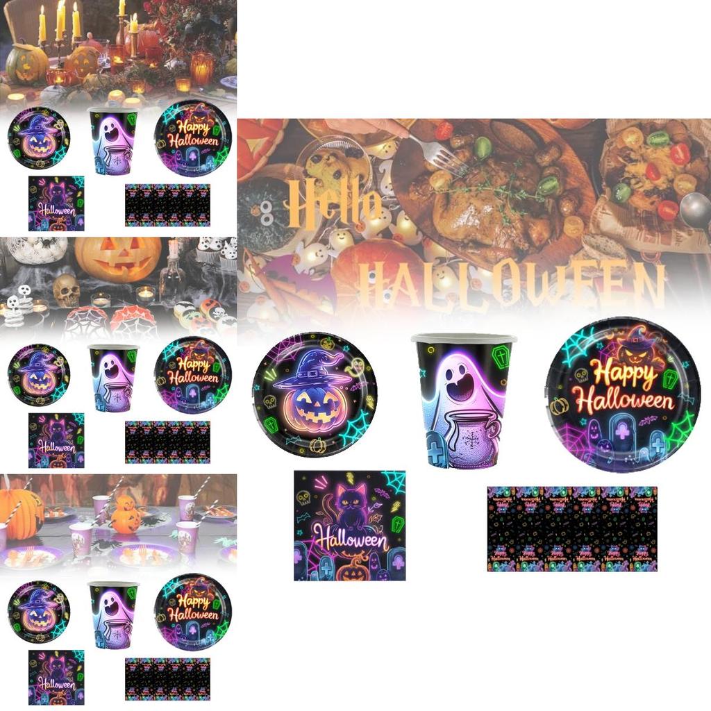 Spooky Halloween Themed Disposable Dinnerware Set For 12 Includes Paper Plates Cups Napkins And Table Cover