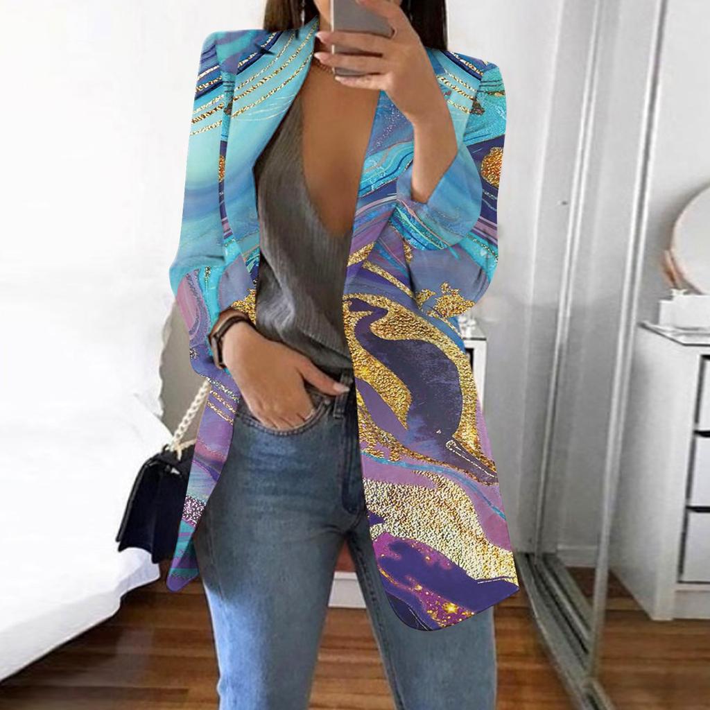 Women's Casual Fashion Print Lapel Long Sleeve Slim Fit Small Button Jacket