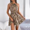 Women's Spring Summer Leopard Pattern Ruffle Edge Large Swing Halter Neck Dress