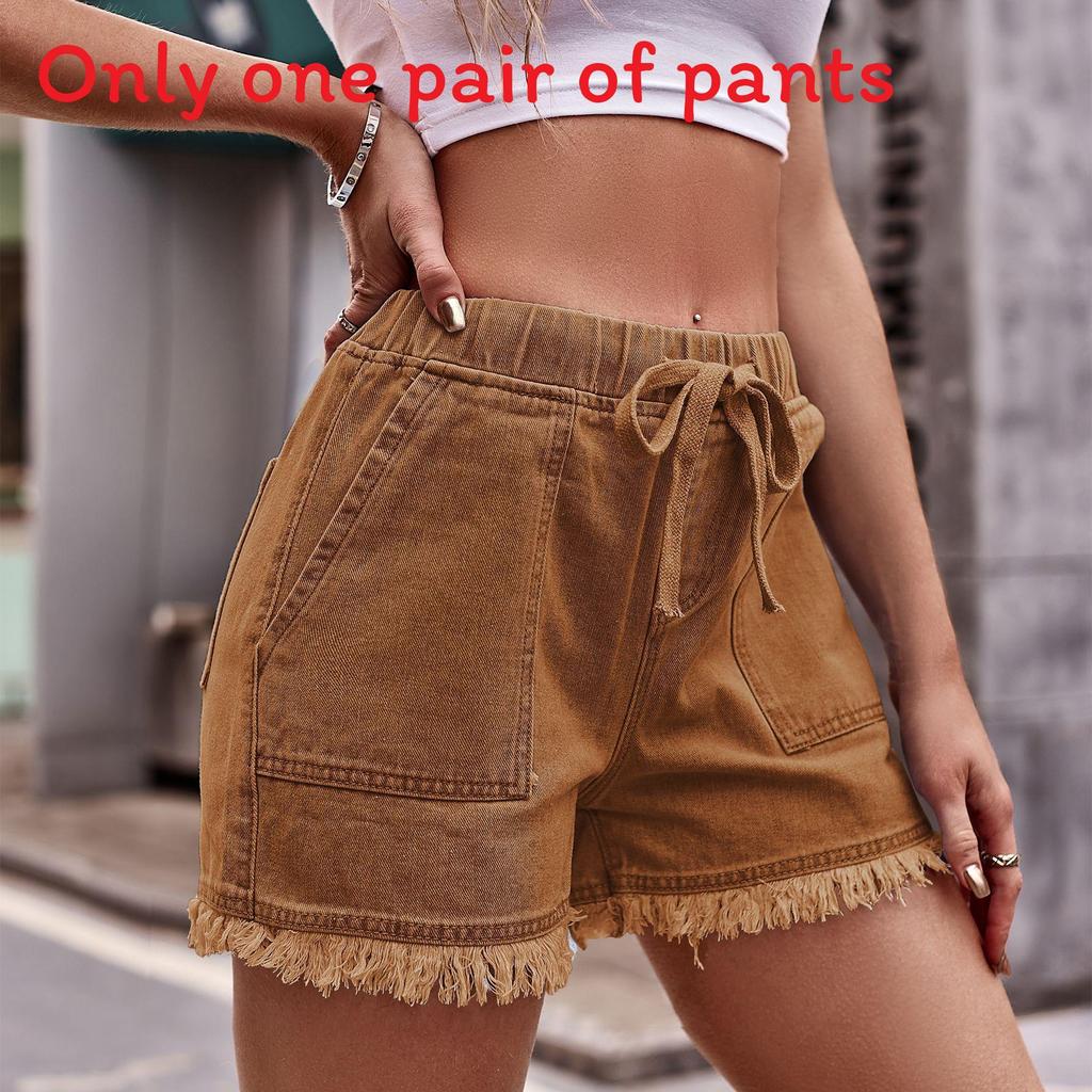 Denim Shorts For Women With Elastic Waistband And Pockets Summer Streetwear Style