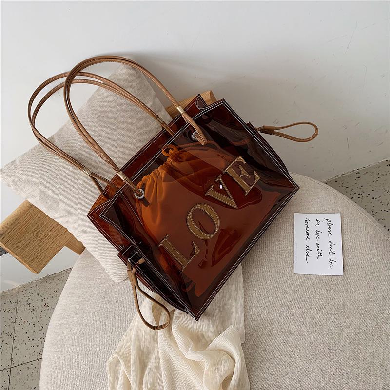 Модные женские прозрачные сумки на ремне из ПВХ желе ярких цветов, большая вместительная сумка-тоут коричневого цвета