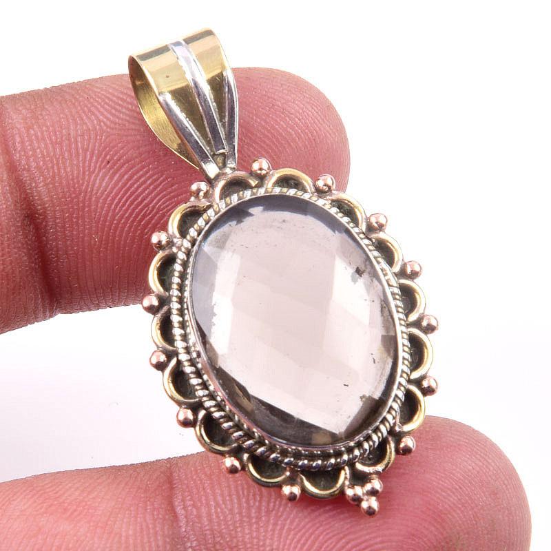 Natural Smoky Quartz 925 Solid Sterling Silver TwoTone Gift Pendant 1.50" s9K10