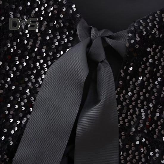 Women Sequin Jacket Big Bow Decor Loose Round Neck Long Sleeves Solid Color Cardigan Coat Short Type Outerwear for Dating Commuting Club Party