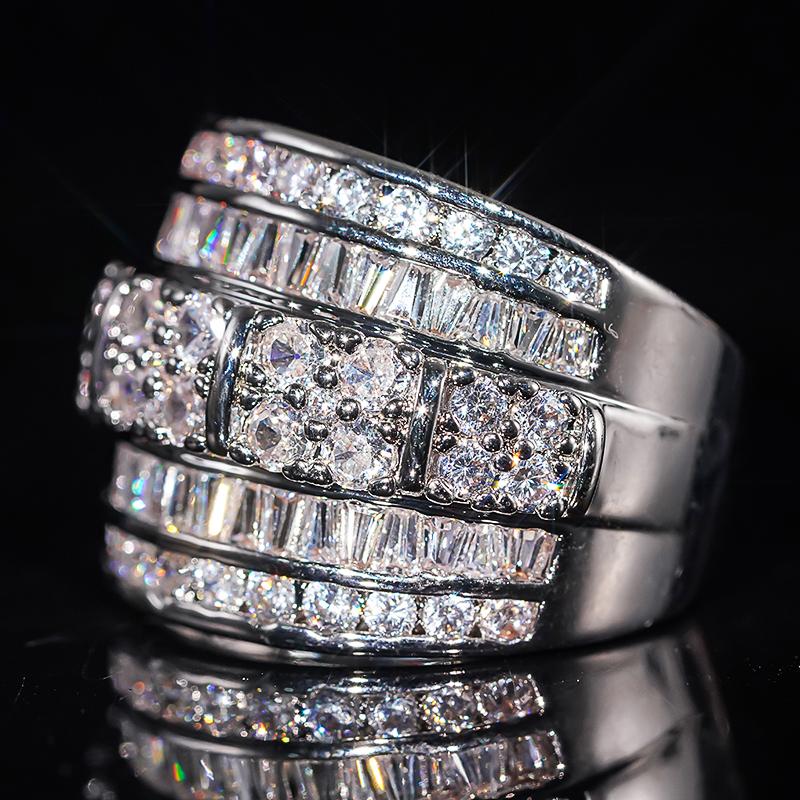Huitan Silver Color Wide Ring for Women Inlaid Bright Cubic Zirconia Wedding Party Engagement Luxury Trendy Accessories Jewelry