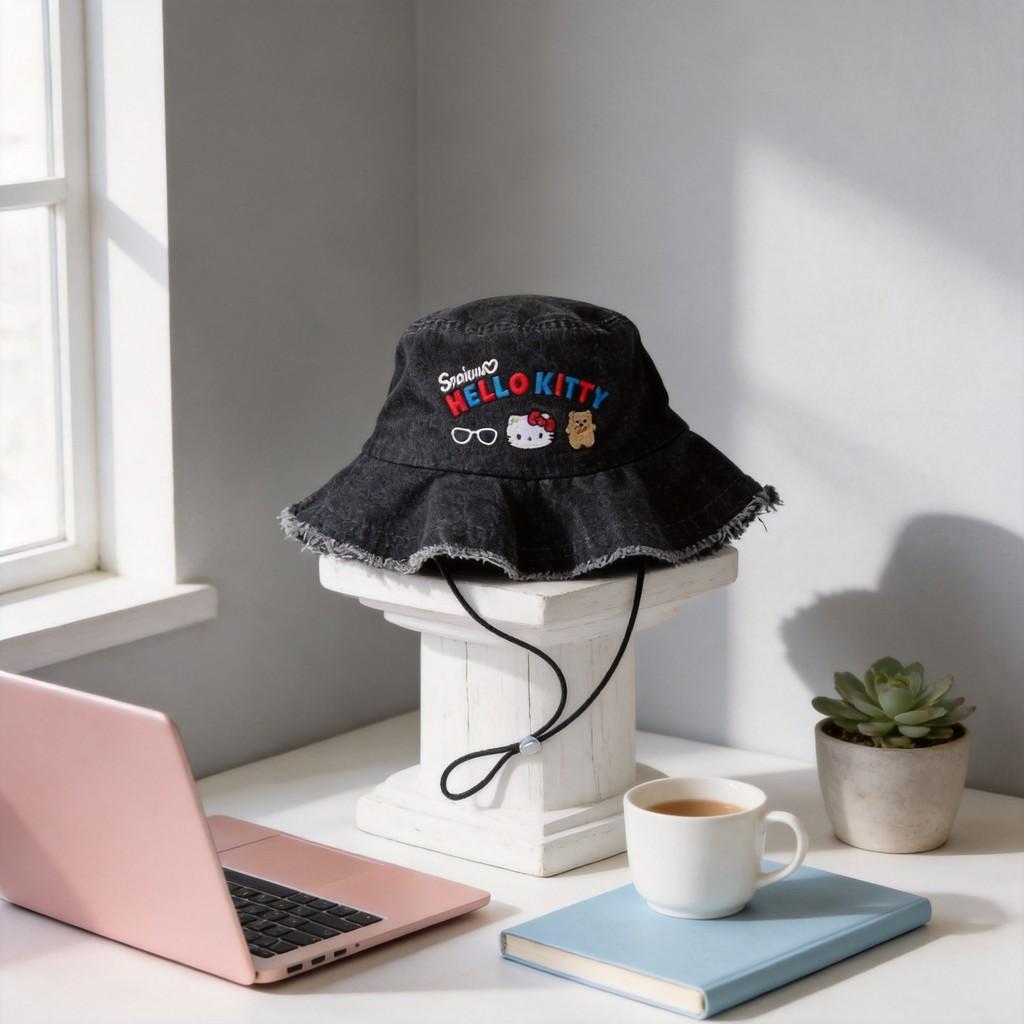 Hello Kitty Denim Fisher Hat With Breathable Polyester For Casual Wear And Sunshade