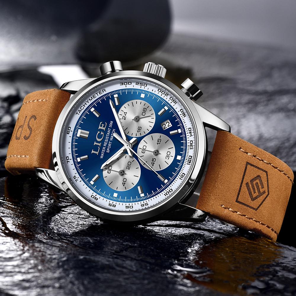 LIGE Men Watch High Quality Luxury Waterproof Chronograph Luminous Men's Wristwatch Leather Quartz Watches For Men Casual Clock
