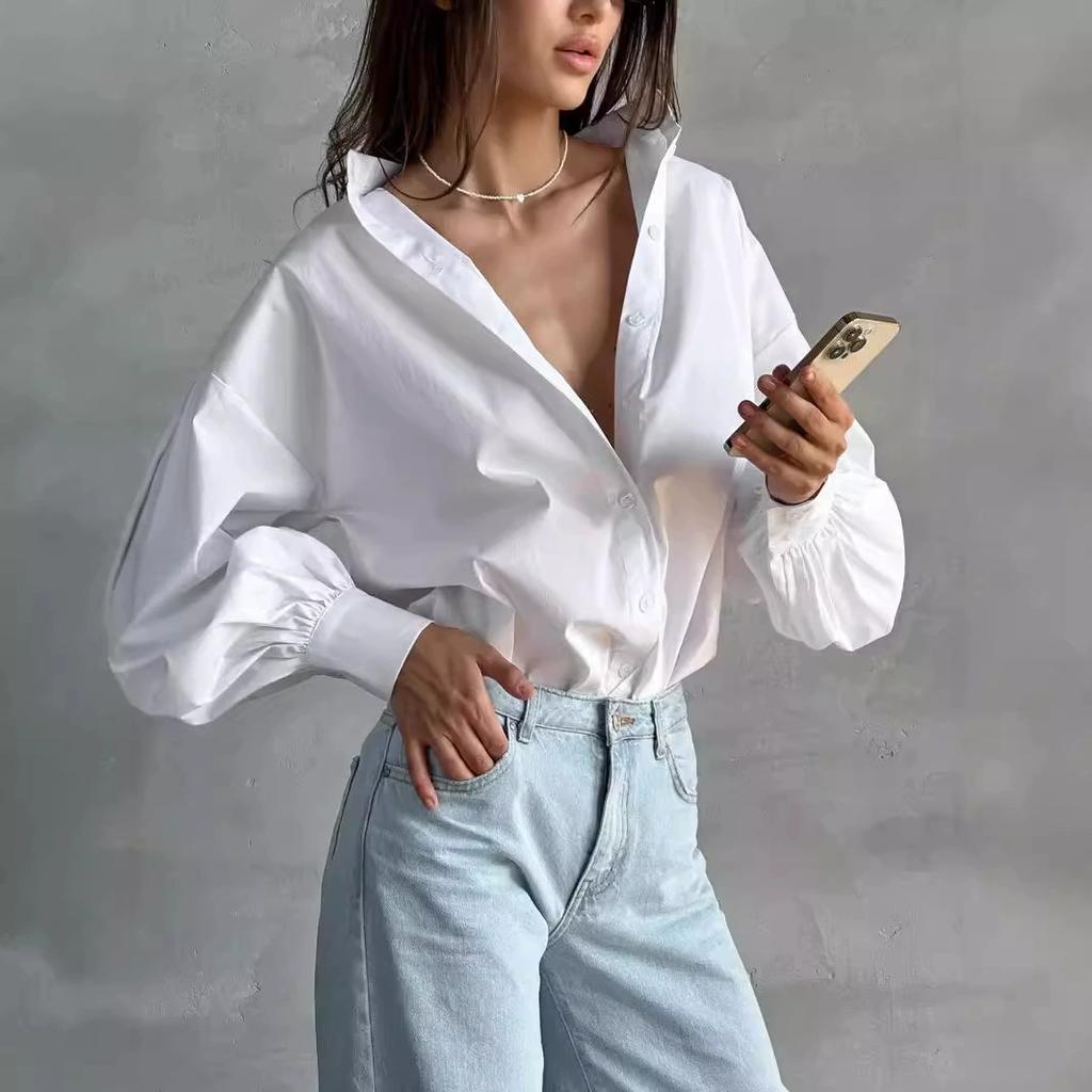 Lantern Sleeve Women's Shirt Lazy Temperament Commuting Versatile Round Neck Lantern Sleeve Shirt for Women