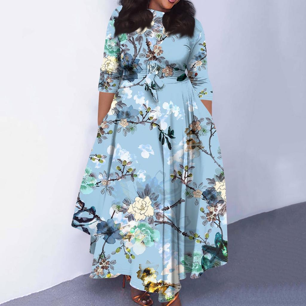 Женское повседневное модное свободное платье большого размера с цветочным принтом и круглым вырезом, рукавами три четверти, карманами и бретелями