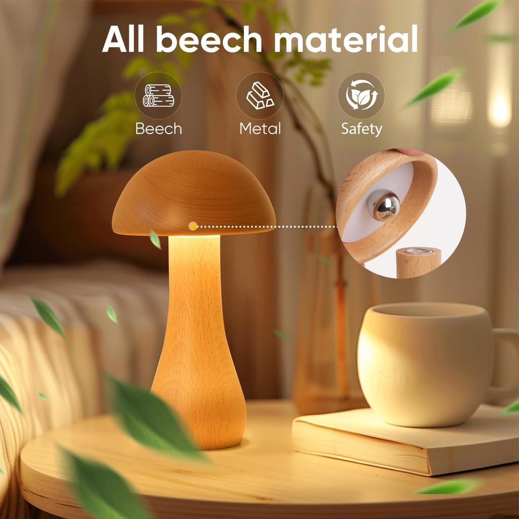 Portable Cordless Wooden Mushroom Lamp with Touch Switch, Small Size, Rechargeable, Stepless Dimming, 360-Degree Rotation, Perfect As a Birthday Gift