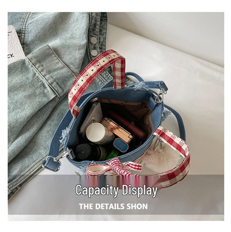 Korean Style Plaid Lace Bucket Handbag - Cute Bow Crossbody