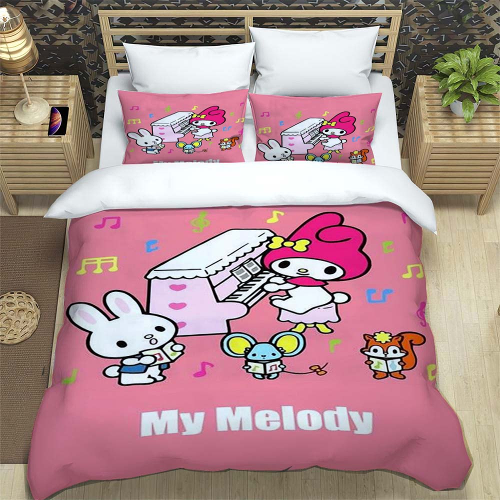 The My Melody cartoon-patterned three-piece bedding set, including a duvet cover and two pillowcases, is the perfect choice for